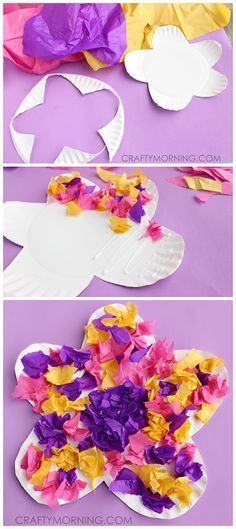 Easy Paper Plate Flower Craft Using Tissue Paper! Cute spring or summer art project for kids | CraftyMorning.com Summer Art Projects, Tissue Paper Crafts, Spring Preschool, Flower Craft, Spring Crafts For Kids, Paper Plate Crafts, Daycare Crafts, Plate Crafts, Classroom Crafts