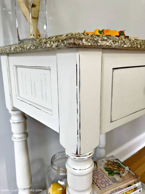 See how to distress painted wood for a farmhouse finish when you love distressed furniture. You can DIY your own distressed white furniture when distressing chalk paint with these simple steps. Video tutorial included. #paintedfurniture #howtodistresspaintedwood #distresspaintedwood #distressedfurniture #paintedkitchencart #distresswhitepaintedwood Distressed White Furniture, White Distressed Furniture, Distressing Painted Wood, Distressing Chalk Paint, Distressed Furniture Diy, Distressed Wood Furniture, Distressed Furniture Painting, Distressed Furniture, Distressed Painting