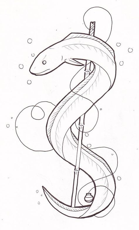 Sea Snake Drawing, Cute Eel Drawing, Eels Drawings, Eel Sketch, Moray Eel Drawing, Eel Tattoo Design, Drawing Sketches Tattoo, Eel Illustration, Eel Drawing