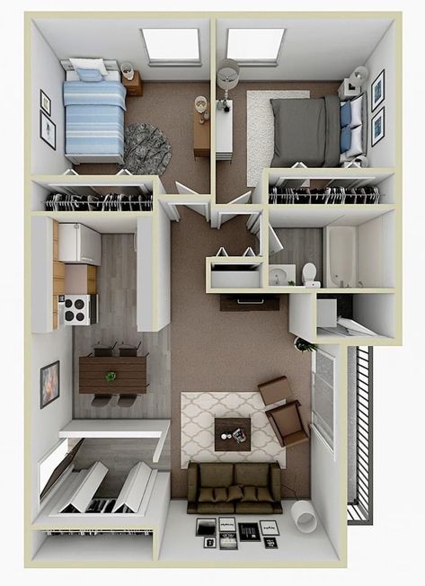 Small House Two Bedroom, Studio House Layout, Small Apartment Layout Floor Plans, Two Bedroom Apartment Layout, Apartment Two Bedroom, Townhouse Floor Plan, Apartment Blueprints, Small Apartment Layout, Bedroom Layout Design