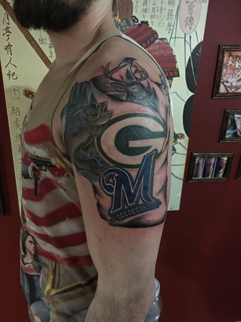 Green Bay Packers, Milwaukee Brewers Tattoo, Wisconsin tattooers, flash, ideas, teams, football, baseball walleye, tattoos by Joshua Nordstrom Milwaukee Tattoo Ideas, Walleye Tattoo, Packers Tattoo, Green Bay Packers Tattoo, Brian Dawkins, Flash Ideas, Green Bay Packers Football, Packers Football, Tattoo Videos