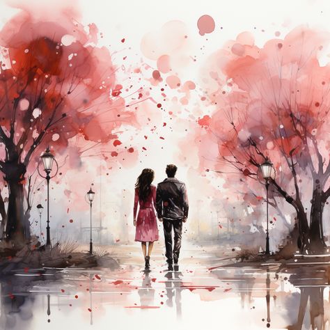 Romantic Watercolor Painting, Couple Watercolor Painting, Valentines Background, Valentines Day Wallpaper, Simple Paint, Blossom Painting, Cherry Blossom Painting, Day Wallpaper, Valentine Background