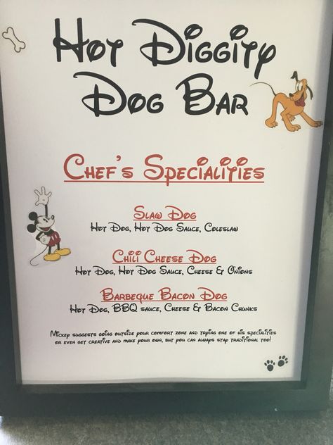 Hot diggity dog bar menu! Minnie Mouse Hot Diggity Dog Bar, Mickey Mouse Hot Diggity Dog Bar, Hot Diggity Dog Bar Ideas, Cristiano Birthday, Hot Diggity Dog Bar, Hot Diggity Dog, Mickey Mouse Bday, Twodles Birthday, Minnie Mouse Birthday Party Decorations