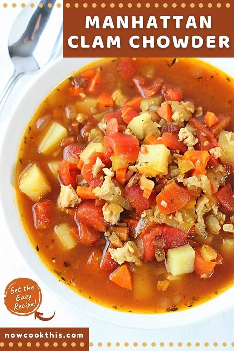 This Manhattan Clam Chowder (or red clam chowder) is loaded with clams, potatoes, vegetables, and bacon in a rich and tasty tomato broth (and it's lighter than it's creamy cousin). Using canned chopped clams make it quick and easy enough for a weeknight dinner, lunch, or first course to a seafood (or any) meal! Get the recipe and try it! Manhatten Clam Chowder, Red Clam Chowder, Canned Clam Recipes, Clam Chowder Soup, Manhattan Clam Chowder, Clam Chowder Recipe, Potatoes Vegetables, Fish Chowder, Chowder Soup