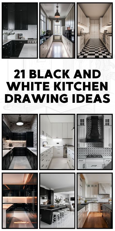 21 Black and White Kitchen Ideas - Modern Designs, Cabinets, Floors & Backsplash Ideas White Kitchens With Black Islands, Black Cabinet Handles On White Cabinets, Black White Walnut Kitchen, Minimalist Kitchen Backsplash Ideas, Kitchen Mood Board White Cabinets, Wood Black And White Kitchen, White Kitchen Floors, Minimalist Kitchen Backsplash, Black And White Kitchen Design