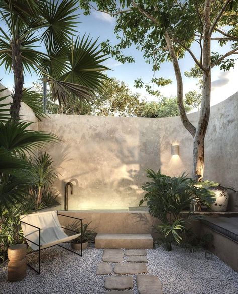 Tulum Mexico Architecture, Curved Sofas, Outdoor Bathtub, Tony Goldwyn, Outdoor Bathroom, Mini Pool, Interior Bathroom, Yucca Valley, Outdoor Living Design