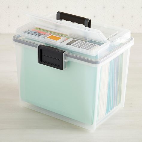 File Box Organization, Organize Papers, Filing Cabinet Organization, Box Organization, File Boxes, Portable Office, Hanging Folders, Box With Handle, Organizing Paperwork