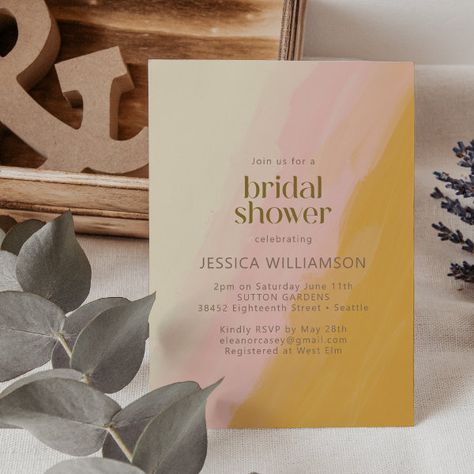 Modern Boho Watercolor Pink Yellow Bridal Shower Invitation Yellow Bridal Shower Invitations, Unique Bridal Shower Invites, Fiesta Bridal Shower Invitations, Summer Invitation, Wedding Announcement Cards, Fiesta Bridal Shower, Shower Cards, Boho Watercolor, Simple Typography