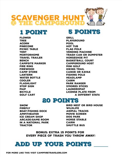 We’ve created two printable scavenger hunts - one for little kids (I like to call it I Spy) and one for bigger kids. These games are perfect to print off and then keep in your RV/Tent for the next time the kids are bored at camp. Camping Scavenger Hunt For Kids, Scouts Activities, Camping Scavenger Hunts, Camping Activity, Camp Games, Trip Games, Scavenger Hunt Clues, Camp Theme, Cabin Trip