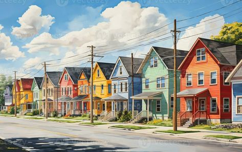 Suburban Neighborhood with Colorful Row. Generative AI Cute Neighborhood Houses, Stopmotion Idea, Neighborhood Illustration, Houses Neighborhood, Neighborhood Background, Suburban Aesthetic, Suburban Town, Suburban Neighborhood, Real Background