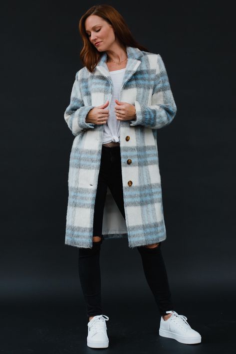 A girl can never have too many coats for the fall and winter seasons! This gray, white and light blue plaid long coat is a must-have statement piece for your outerwear wardrobe. Plaid Coat Outfit, Blue Plaid Coat, Plaid Coat Women, Flannel Coat, Long Jackets For Women, Light Blue Plaid, Statement Coat, Long Winter Coats, Long Coat Women