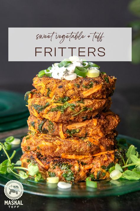 Savor these delicious Sweet Vegetable and Teff Fritters recipe made with gluten-free teff grain, perfect for a snack or appetizer. Teff, sweet potatoes, and cinnamon create a naturally sweet and savory vegetable fritter. Enjoy it plain or topped with yogurt sauce. Gluten Free and delicious. Teff Grain Recipes, Teff Flour Recipes, Rainbow Eating, Healing Gut, Ancient Grains Recipes, Teff Recipes, Grains Recipes, Gut Recipes, Teff Flour