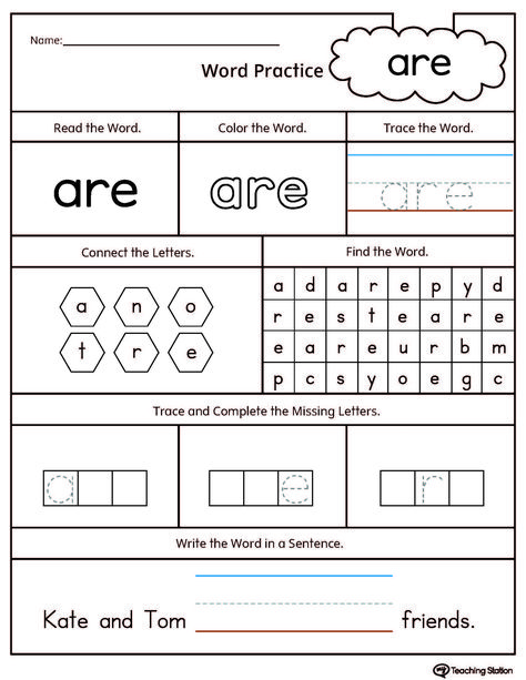 Practice high-frequency word ARE with this action pack printable worksheet. Your child will find, trace, and write the word ARE in a sentence. Are Sight Word Worksheet, Sight Word Practice Worksheets, Me Sight Word Worksheet, Sight Word Worksheets Free Printables, Site Words Kindergarten, Sight Word Worksheets Free, Number Words Worksheets, Ccvc Words, Kindergarten Phonics Worksheets