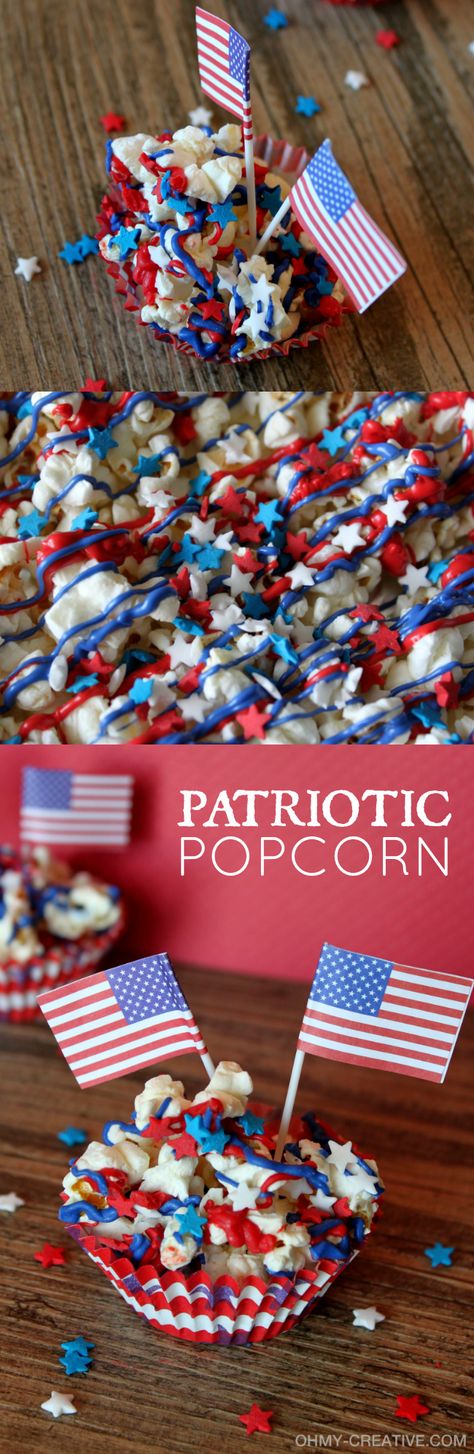 Get in the patriotic spirit with this Stars and Stripes Popcorn Dessert! It's super easy to make - a great treat for all ages!  |  OHMY-CREATIVE.COM Blue Popcorn Recipe, Patriotic Popcorn, Popcorn Dessert, Memorial Day Foods, Patriotic Food, Patriotic Desserts, 4th Of July Desserts, Fourth Of July Food, Popcorn Recipes