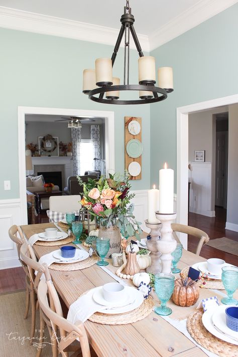 The Paint Colors in my Home Turquoise Dining Room, Pumpkins Crafts, Dining Room Wall Color, Tablescapes Autumn, Wythe Blue, Farmgirl Flowers, Dining Room Paint Colors, Fall Dining Room, Room Wall Colors