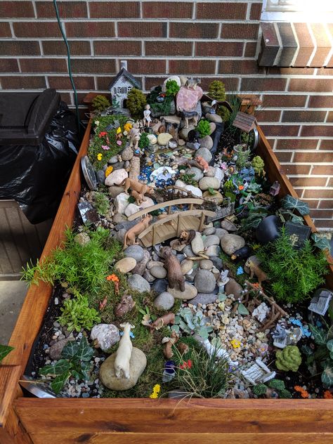 Not your typical  fairy garden.  My husband and I were in Estes Park, CO during Spring Break, and as we were walking in town, I saw a miniature black bear on a rock.  I thought to myself, that I wanted to create a Rocky Mountain fairy garden.  I wanted to add a waterfall, with real running water.  It took me three times to figure it out until I was satisfied with it.  I used a raised flower garden, so I could get everything I wanted in it. Fairy Garden Box Ideas, Raised Flower Garden, Yard Hacks, Fairy Garden Box, Spring Flower Garden, Flower Garden Ideas, Fairy Garden Containers, Planters Ideas, Garden Boxes Raised