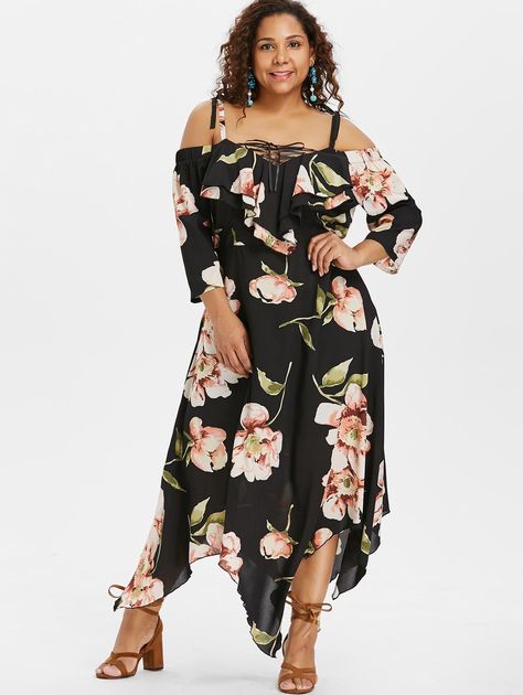 Plus Size Lace Up Maxi Flowing Dress - Dresses For Women Casual, Dresses Casual Boho, Plus Size Dresses For Women, Flowing Dress, Handkerchief Dress, Flower Print Dress, Tie Dye Dress, Dyed Dress, Print Dresses