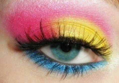 Coloured eye makeup woww.... Yellow Pink And Blue Makeup Looks, Primary Color Eye Makeup, Primary Color Eyeshadow, Pink Blue And Yellow Makeup, Wacky Makeup, Pansexual Makeup, Pride Ideas, Facts Images, Makeup Monday