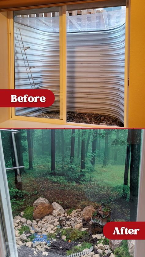 Before and after photos of biggies window well scene Egress Window Landscaping, Basement Window Coverings, Egress Window Cover, Basement Window Treatments, Basement Window Well Covers, Egress Window Well, Basement Window Well, Window Wells, Window Well Cover