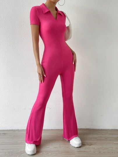 Search barbie | SHEIN USA Flare Leg Jumpsuit, Comfy Jumpsuits, Flare Jumpsuit, Pink Jumpsuit, Plain Tees, Style Noir, Womens Workout Outfits, Black Jumpsuit, Natural Fabrics