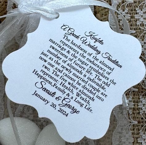 Jordan Almond Favor Tags, A Greek Wedding Tradition, Koufeta Candy Coated Almond Tags, Koufeta tags, Bomboniere tags #freeshipping, Greek Sugared Almonds Wedding Favours, Wedding Almonds, Almond Wedding Favours, Greek Wedding Traditions, Jordan Almonds, Odd Numbers, Newly Married Couple, Greek Wedding, Wedding Candy