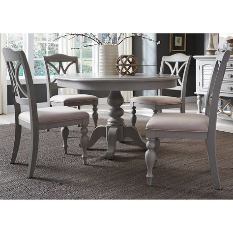 Liberty Summer House Dove Grey Round 5-piece Pedestal Table Set, Size 5-Piece Sets Casual Dining Table, Round Dining Room Sets, Round Pedestal Dining, Dinette Tables, Round Dining Room, Dining Furniture Sets, Kitchen Table Settings, Pedestal Dining Table, Upholstered Side Chair