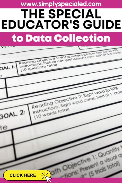 Data collection in special education drives all decision making. This can be overwhelming so inside my blog, I give you my tips and tricks to data collection methods. Some important things to have are IEP binder for teachers, data collection sheets, and a data collection schedule. For your special education classroom, I recommend an IEP goal bin that can easily be updated at annual reviews. Don’t forget to get your instruction assistants involved with your special education data collection. Special Education Data Collection, Data Collection Methods, Teaching Executive Functioning Skills, Data Collection Special Education, Iep Binder, Teaching Executive Functioning, Sensory Classroom, Special Education Lesson Plans, Middle School Special Education