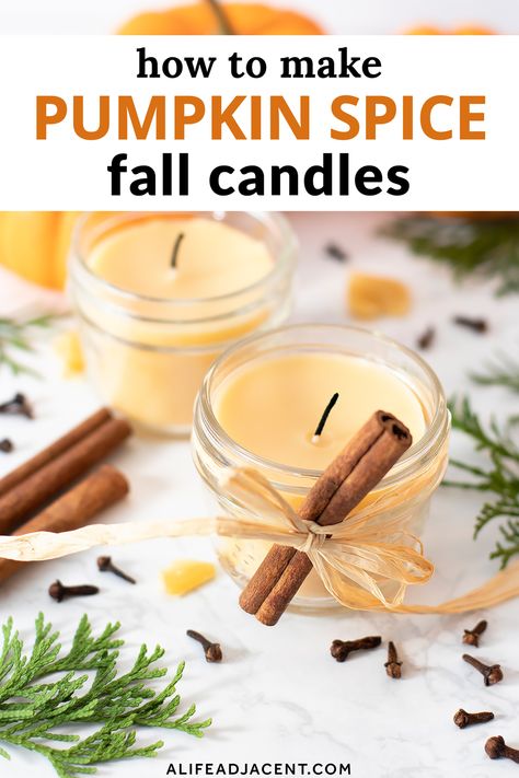 Pumpkin Spice Soy Candle Diy, Diy Fall Candle Scents, Homemade Fall Scented Candles, Pumpkin Spice Candle Recipe, Fall Beeswax Candles, Fall Candle Scents Diy, Diy Fall Candles Essential Oils, Fall Soy Candles Diy, Pumpkin Beeswax Candle