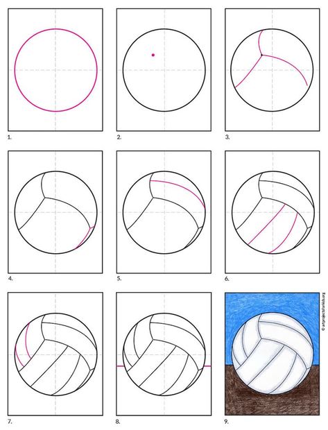 Volleyball Tutorial, Volleyball Cards, Draw A Volleyball, Volleyball Art, Volleyball Drawing, Dig Pink, Sports Drawings, Girl Drawing Easy, Drawing Room Interior Design