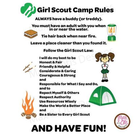 Girl Scout Camping Activities, Scout Camping Activities, Girl Scout Daisy Activities, Camp Signs, Girl Scout Camp, Girl Scout Law, Girl Scout Troop Leader, Girl Scouts Cadettes, Scout Camp