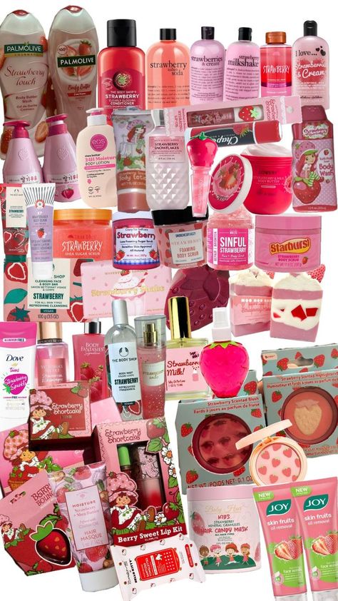 strawberry products shampoo condioner body wash body scrub lip gloss chap stick hair mask shower routine hair care makeup routine Shower Routine Hair, Strawberry Products, Strawberry Scrub, Strawberry Shampoo, Routine Hair Care, Strawberry Milkshake, Shower Routine, Strawberries And Cream, Hair Mask