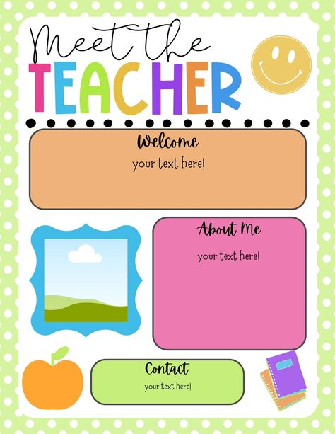 - Meet the Teacher Editable Template, Meet the Teacher, Bright Colors, Back to School, Teacher Template, Bright Classroom, 4 Templates - This editable "Meet the Teacher" template is ready for you to customize! Help students and families get to know you with this fully customizable template! There are four different backgrounds/versions to pick from, or add your own! Easy to edit using Canva (free), you will be able to add your own information and pictures! You can simply upload your picture to C Teacher Introduction, Powerpoint Free, Graphic Design Website, Meet The Teacher Template, Teacher Templates, Online Graphic Design, Free Teacher, Iphone Wallpaper Hd Nature, Photo Box