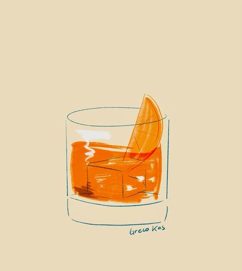 How To Draw Cocktails, Negroni Cocktail Illustration, Old Fashioned Cocktail Illustration, Cocktail Illustration Art, Negroni Drawing, Negroni Painting, Negroni Tattoo, Cocktail Illustration Graphic Design, Cocktail Art Illustration