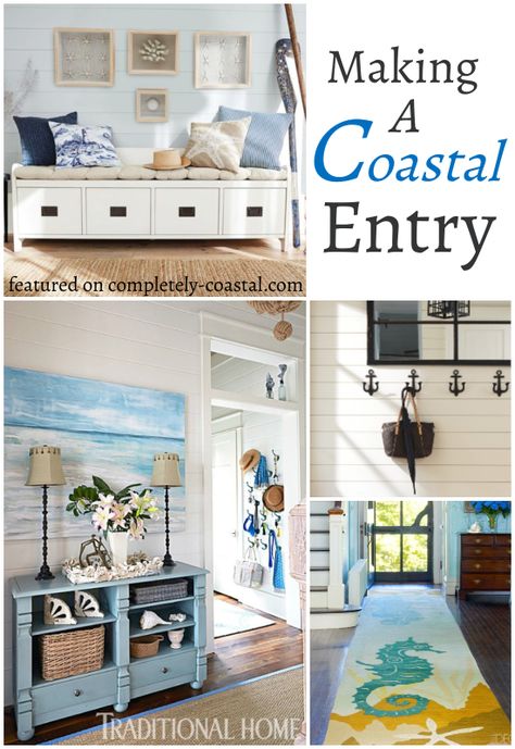 Coastal Entryway Ideas Beach, Coastal Mudroom Entryway, Hallway Beach House, Coastal Entrance Hall, Beach House Hallway Decor, Coastal Entryway Bench Ideas, Entryway Ideas Beach House, Beach Entryway Ideas, Florida Entryway Ideas