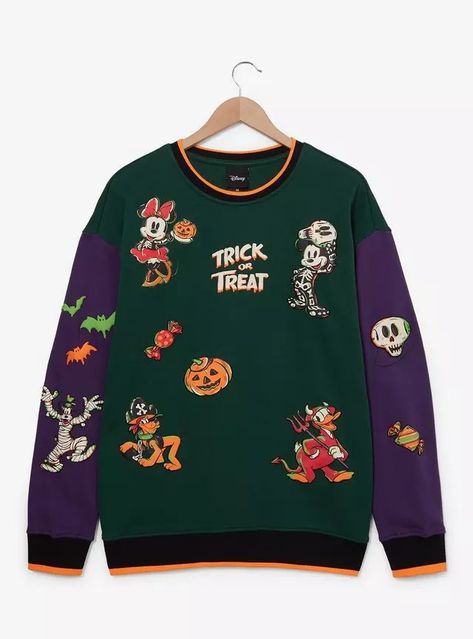 Disney Mickey Mouse & Friends Halloween Color Block Crewneck - BoxLunch Exclusive, Spooky Icons, Disney Outfits Women, Halloween Color, Mickey Mouse Halloween, Culture Clothing, Color Block Sweatshirt, Puff Print, Mickey Mouse And Friends, Disney Merchandise