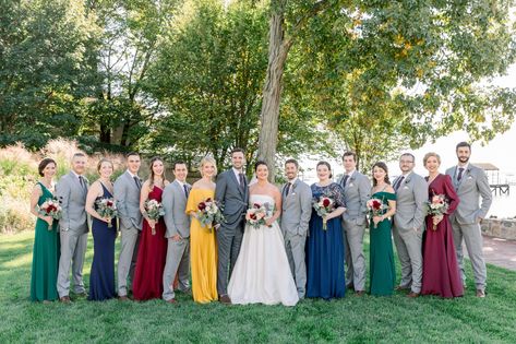 Groomsmen Attire With Mismatched Bridesmaids, Wedding Party Mismatched, Jewel Tone Mismatched Bridesmaid Dresses, Groomsmen Jewel Tone, Jewel Tone Wedding Party Groomsmen, Multicolor Wedding Party, Jewel Tone Wedding Groomsmen, Jewel Tone Groomsmen Attire, Jewel Tone Wedding Party