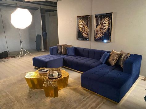 Blue And Gold Living Room, 4 Pillows, Turkish Furniture, Gold Living Room, Best Sectionals, Double Chaise Sectional, Modern Home Furniture, Double Chaise, Dining Room Set