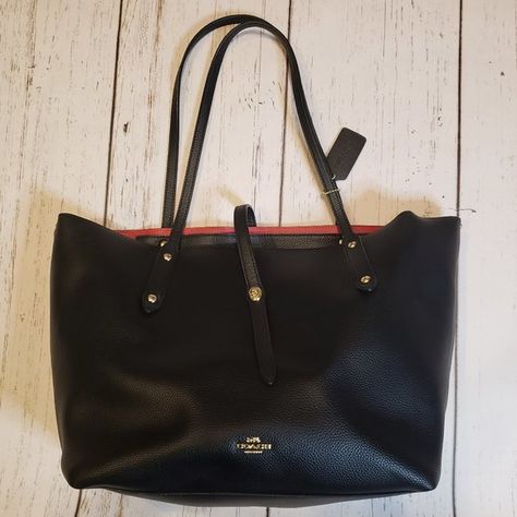 Coach Market Tote Black with Red Interior Coach Market Tote, Baby Canvas, Suede Tote Bag, Coach Tote Bags, Suede Tote, Carryall Tote, Nylon Tote Bags, Red Interior, Black Leather Tote