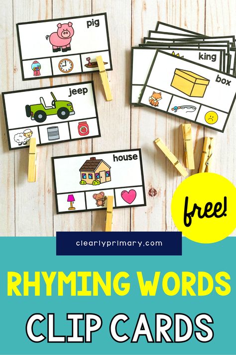 Small Group Activities Kindergarten, Rhyming Picture Cards, Rhyming Clip Cards, Rhyming Activities Kindergarten, Rhyming Activities Preschool, Teaching Rhyming Words, Rhyming Kindergarten, Rhyming Words Activities, Kindergarten Small Groups