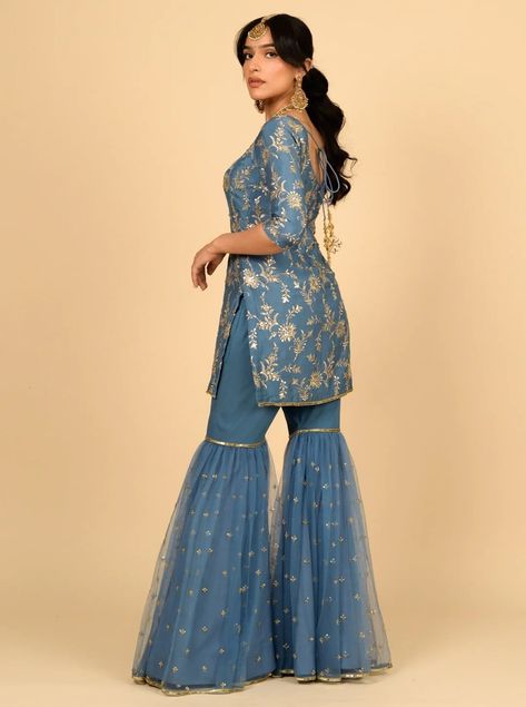 Full Sleeve Indian Suit, Blue Punjabi Suit, Blue Gharara, Salwar Ideas, Eid Aesthetic, Gharara Designs, Desi Clothing, Desi Fits, Sharara Designs