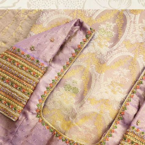 Vanitha Prasad Blouse, Lavender Saree Contrast Blouse, Saree Contrast Blouse, Lavender Saree, Modern Blouse Designs, Handwork Blouse, Magam Work, Blouse Works, Bridal Blouses