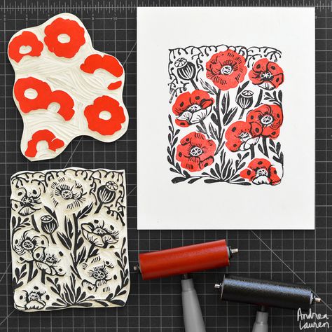 Andrea Lauren : Instagram @inkprintrepeat Printmaking Lessons, Linoleum Block Printing, Linoleum Print, Linocut Printmaking, Lino Art, Hand Carved Stamps, Stamp Carving, Andrea Lauren, Relief Printing