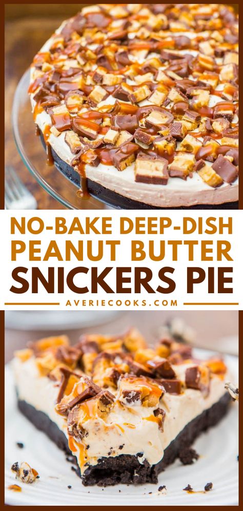 No-Bake Snickers Pie with Caramel Sauce - Averie Cooks Easy Football Snacks, Peanut Butter Snickers, Snickers Dessert, Snickers Pie, Easy Dessert Idea, Snickers Recipe, Baking Recipes Pie, Desserts With Few Ingredients, Averie Cooks