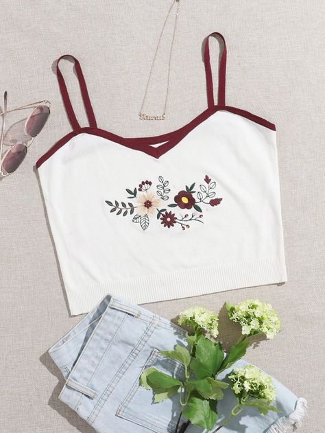 Pretty Items, Basic Embroidery, Sleeveless Sweater Vest, Embroidery Tshirt, Basic Embroidery Stitches, Top Shein, Crop Top Outfits, Knit Tops, Favorite Sweater