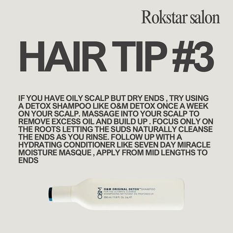 ‘Tis the season of giving so here at rokstar we are giving you 25 days of hair tips!! 🎄⭐️ Tip#3: If you have oily scalp but dry ends, try using a detox shampoo like O&M Detox once a week on your scalp. 👉🏼Massage into your scalp to remove excess oil and build up. Focus only on the roots letting the suds naturally cleanse the ends as you rinse. Follow up with a hydrating conditioner like seven day miracle moisture masque, apply from mid lengths to ends We hope you love this keep! Keep an ey... Detox Shampoo, Season Of Giving, Oily Scalp, Scalp Massage, Seven Days, Hair Tips, The Roots, Tis The Season, Hair Hacks