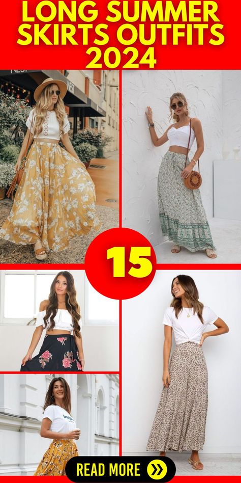 Long summer skirts outfits are your go-to for achieving a sophisticated yet casual summer style. Featuring a range of designs from black pleated to jean skirts, our collection ensures a versatile and fashionable choice for any occasion. Ideal for pairing with casual crop tops or a chic blouse, these skirts offer a modest option for hijab wearers as well. With their aesthetic appeal and flowy design, these skirts are an essential addition to your summer wardrobe. Summer Skirts Outfits, Pleated Skirt Outfit Summer, Long Summer Skirts, Long Denim Skirt Outfits, Skirt Outfits For Women, Flowy Skirt Outfit, Floral Skirt Outfits, Denim Skirt Trend, Fashion Dresses For Women