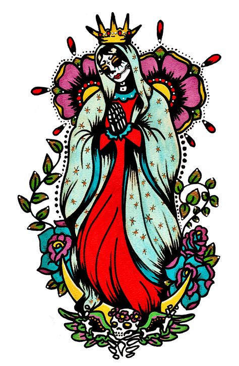 day of the dead art virgin mary tattoo Virgin Guadalupe Tattoo, Mexican Tattoo Art, The Virgin Mary Tattoo, Tonantzin Tattoo, Virgin Mary Skull Tattoo, Day Of The Dead Drawings, Mexican Tattoo Designs, Virgin Mary Drawing, Dia De Los Muertos Tattoo Ideas