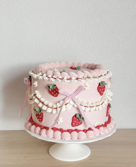 Strawberry 1st Birthday Cupcakes, Pink Piped Cake, Simple Berry First Birthday, 2 Tier Strawberry Cake, Strawberry Shortcake First Birthday Cake, Berry Special Birthday, Vintage Strawberry Birthday Party, Strawberry Pink Cake, Strawberry Picnic Party