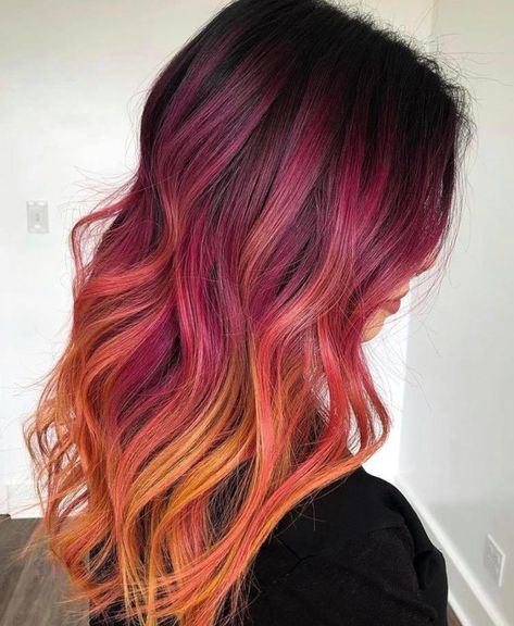 Halloween Hair Color Ideas, Halloween Hair Color, Pink And Orange Hair, Sunset Hair, Pulp Riot Hair Color, Inner Witch, Vivid Hair Color, Pulp Riot, Long Layered Haircuts