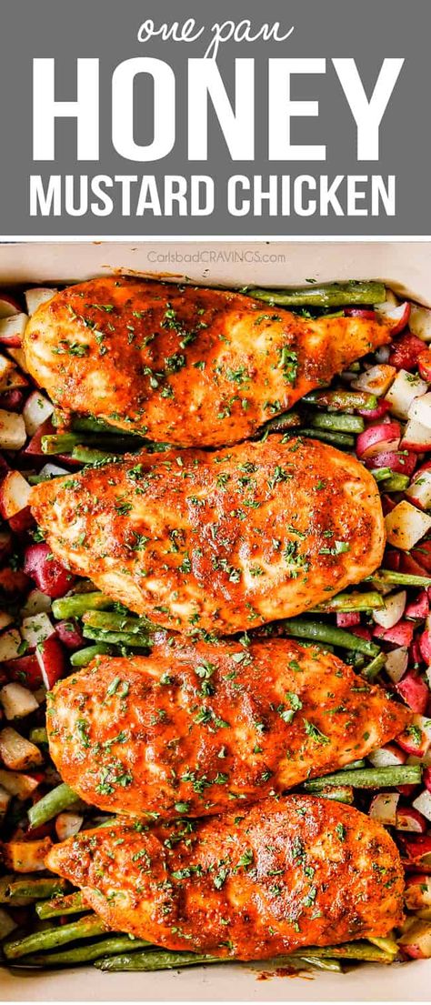 ONE PAN Honey Mustard Chicken (with green beans and potatoes!) Mustard Chicken Recipes, Potatoes And Green Beans, Chicken Green Beans, Chicken Baked, Super Easy Dinner, Carlsbad Cravings, Honey Mustard Chicken, Mustard Chicken, Health Dinner Recipes